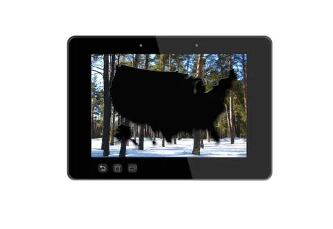 Black tablet with silhouette of map of usa 스톡 일러스트