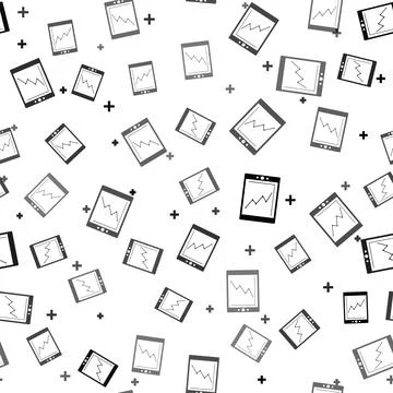 Black Tablet with statistic graph chart icon isolated seamless pattern on white Illustrazione stock