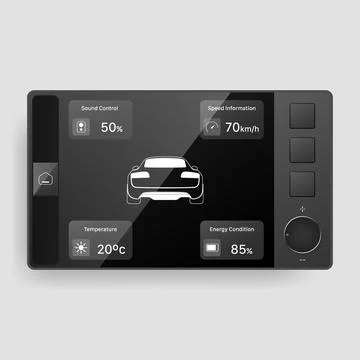 Black tablet style car head unit interface vector showing vehicle information Stock Illustration