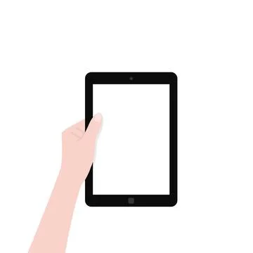 Black tablet with white screen in left hand Stock Illustration