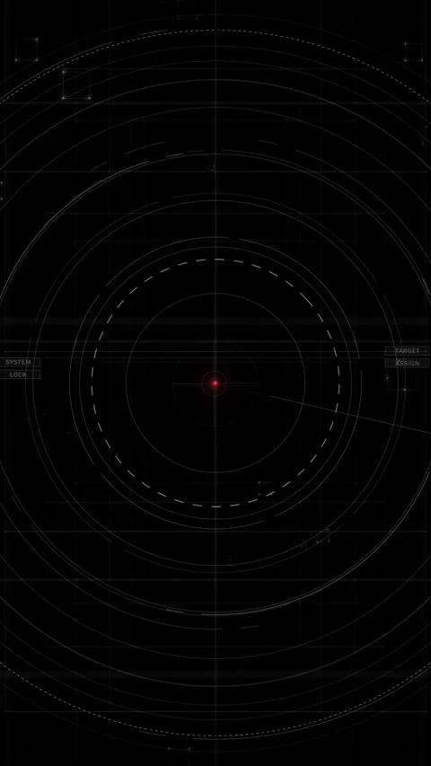 Black tactical HUD target visual faint circular rings, red tracking point, Stock Footage 340479719