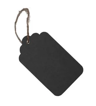 Black tag label. Blank rectangular cardboard price badge with loop and twine, Stock Photos