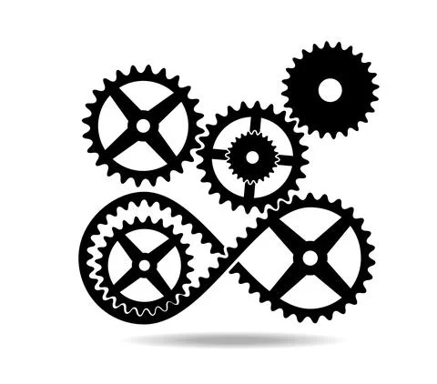 Black tape with teeth mobius loop and gears. Drive transmission. Number eight 8 Stock Illustration