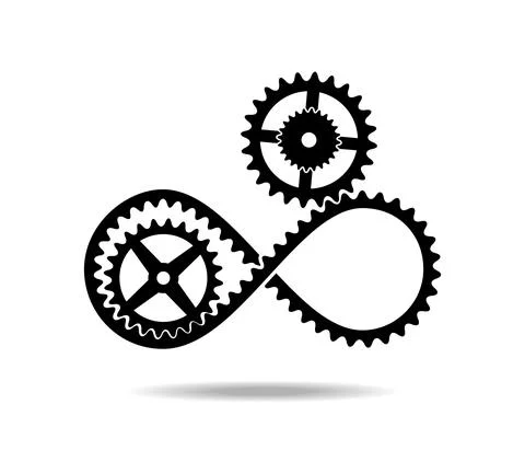 Black tape with teeth mobius loop and gears. Drive transmission. Number eight 8 Stock Illustration