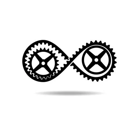 Black tape with teeth mobius loop and gears. Drive transmission. Number eight 8 Stock Illustration