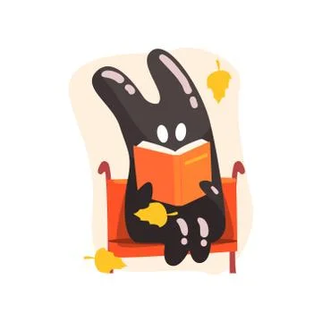 Black Tar Jelly Rabbit Shape Monster Reading A Book On The Bench Under Falling Stock Illustration