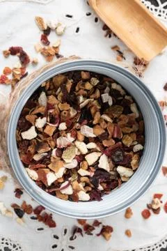 Black tea flavored lychee, raspberry and rose Stock Photos