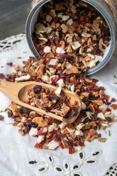 Black tea flavored lychee, raspberry and rose Stock Photos