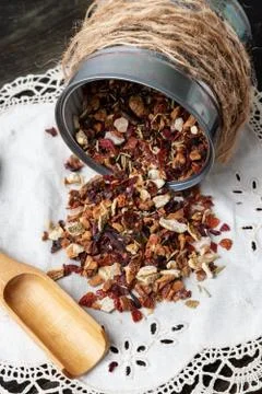 Black tea flavored lychee, raspberry and rose Stock Photos