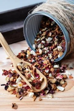 Black tea flavored lychee, raspberry and rose Stock Photos