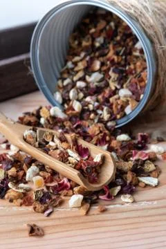 Black tea flavored lychee, raspberry and rose Stock Photos