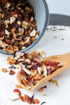 Black tea flavored lychee, raspberry and rose Stock Photos