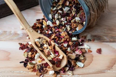 Black tea flavored lychee, raspberry and rose Stock Photos