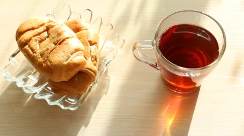 Black tea in glass,transparent cup at breakfast Stock Footage 50055530