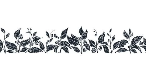 Black tea leaves. Vector border. Graphic pattern Stock Illustration