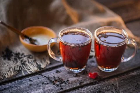 Black tea wood background Stock-Fotos