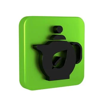 Black Teapot with leaf icon isolated on transparent background. Green squar.. Stock Illustration