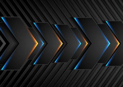 Black tech abstract arrows with blue orange glowing lights Stock-Illustration