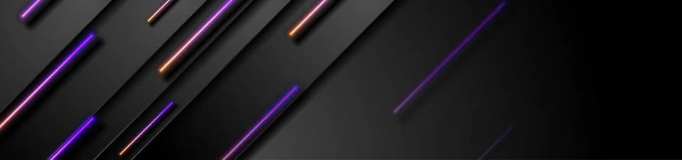 Black tech abstract banner with violet orange neon laser lines 스톡 일러스트