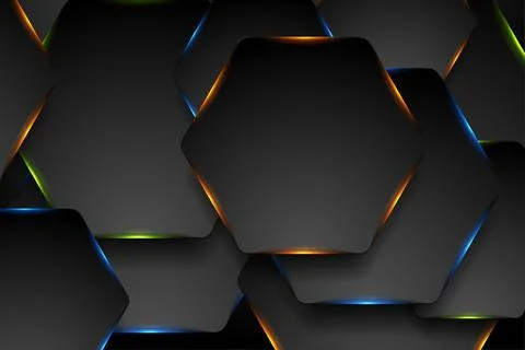 Black tech hexagons with colorful glowing lights abstract background Stock-Illustration