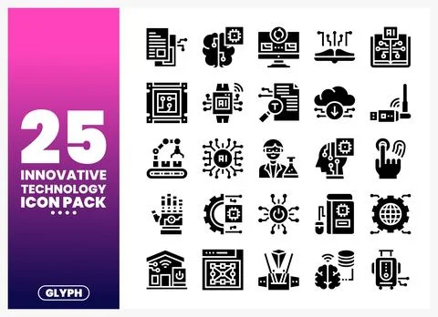 Black technology glyph icons on gradient background with INNOVATIVE TECHNOL.. Stock Illustration