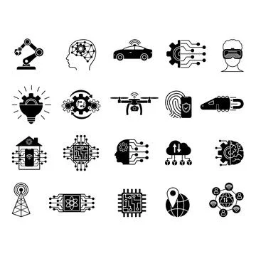 Black Technology Icons. Vector Icons of Geolocation, Virtual Reality, Block.. 스톡 일러스트