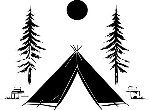 A black teepee is set up in front of two trees Stock Illustration