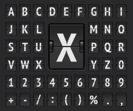 Black terminal mechanical scoreboard regular alphabet with numbers to display Stock-Illustration