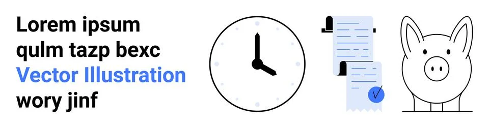 Black text block, clock showing 1013, stack of documents, and piggy bank outl Stockillustratie