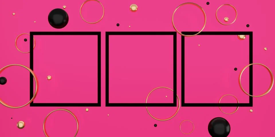 Black text frame on a pink background Decorated with beads and rings 3D illus Stock Illustration