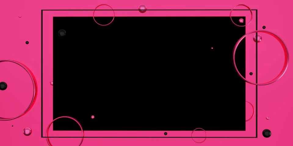 Black text frame on a pink background Decorated with beads and rings 3D illus Illustrazione stock