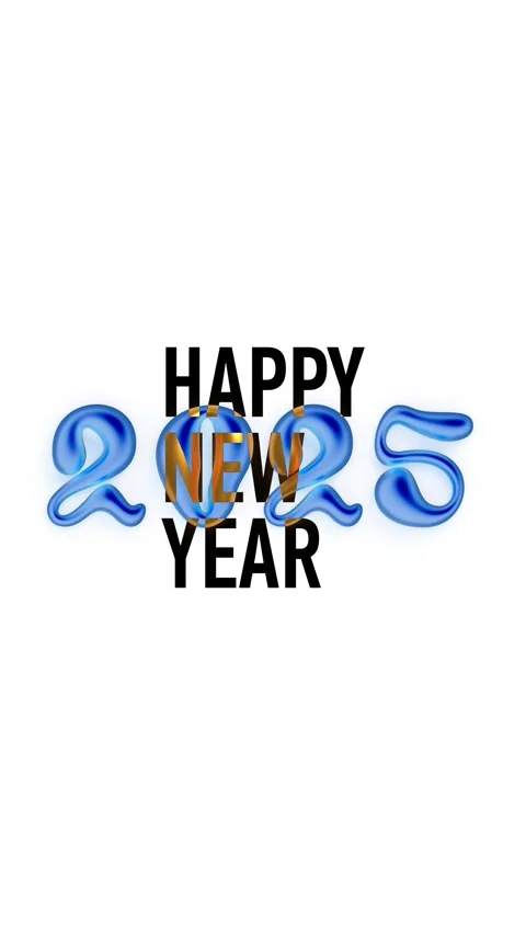 Black text Happy New Year and falling blue 3D 2025 on white background Stock Footage 291405984