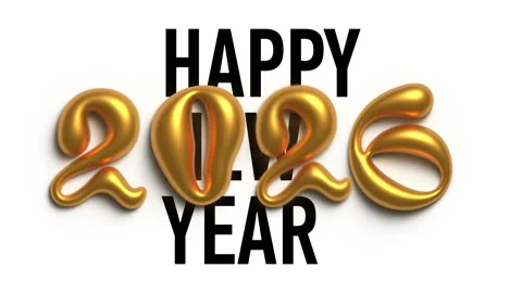 Black text Happy New Year on white background. Gold 3D numbers 2026 falling Stock Footage 313612586