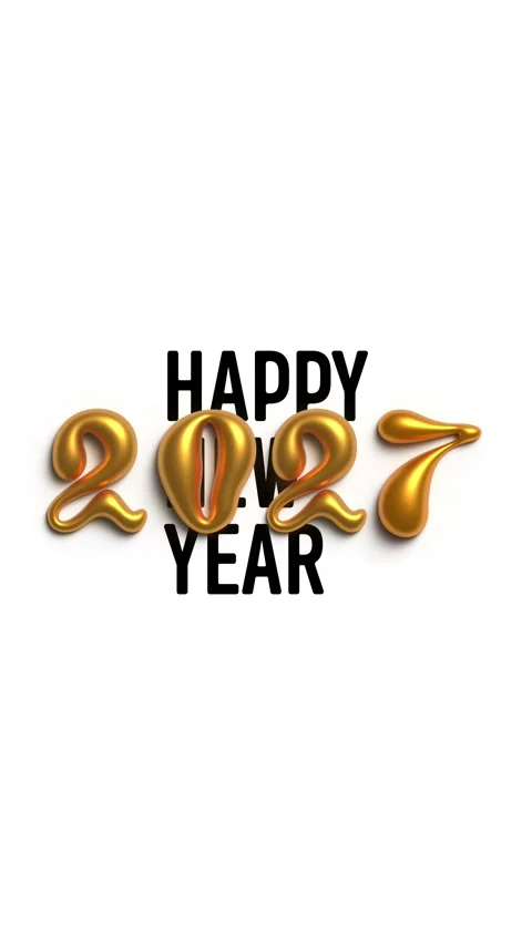 Black text Happy New Year and golden 3D numbers 2027 falling on white Stock Footage 340427868