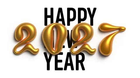 Black text Happy New Year and golden 3D numbers 2027 falling on white Stock Footage 341275235