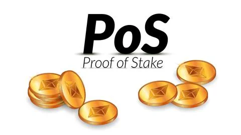 Black text PoS Proof of Stake with isometric stacks of Ethereum ETH coins イラスト素材