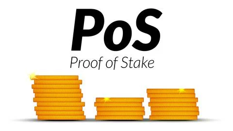 Black text PoS Proof of Stake with stacks of coins with shadows isolated 스톡 일러스트
