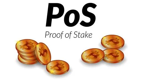 Black text PoS Proof of Stake with isometric stacks of Bitcoin BTC coins イラスト素材