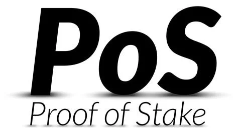 Black text PoS Proof of Stake with shadows isolated on white background. Illustrazione stock