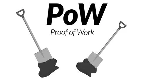 Black text PoW Proof of Work with shovels isolated on white background. Stock Illustration
