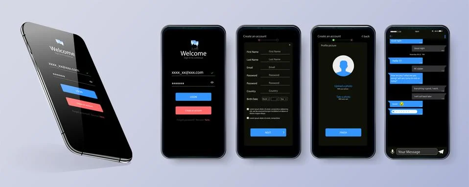 Black theme design of mobile application user interface screen . Mobile ui ki Stock Illustration
