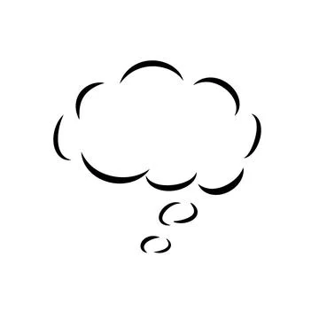 Black thick-line thought bubble with three trailing bubbles is floating on white Stock Illustration