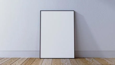 Black thin frame mockup on a white wall, frame mock up scene, interor 3d rend Illustrazione stock