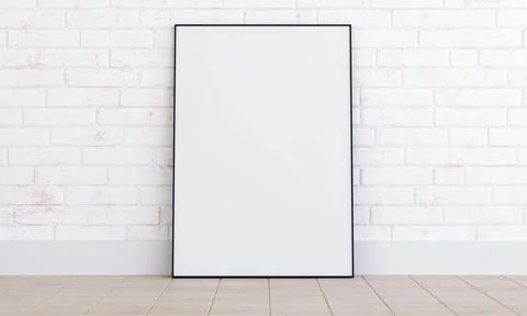 Black thin frame mockup on white brickwall, frame mock up interior scene 3d.. Illustrazione stock