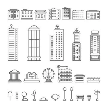 Black thin line city elements Stock Illustration