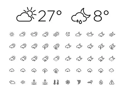 Black Thin Line Day Night Weather Icon Set Stock Illustration