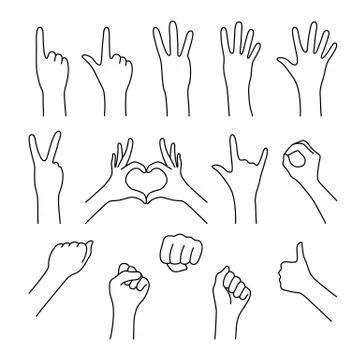 Black thin line set of hands gesture Stock Illustration