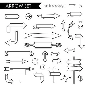 Black thin line stroke arrows set, blank fill Stock Illustration
