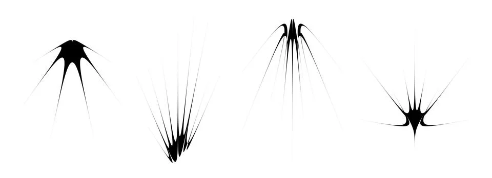 Black thin spiky element set. Abstract sharp thorn shapes and angular twinkles Stock Illustration