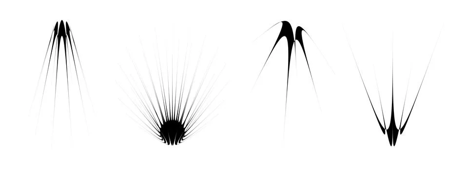Black thin spiky element set. Abstract sharp thorn shapes and angular twinkles Illustrazione stock